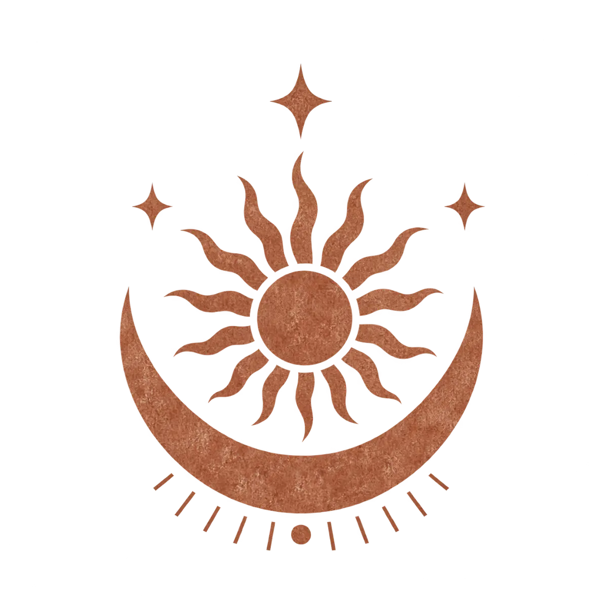 Sun resting above a crescent moon, surrounded by stars
